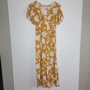 Floral V-Neck Maxi Dress in Mustard and White Size M